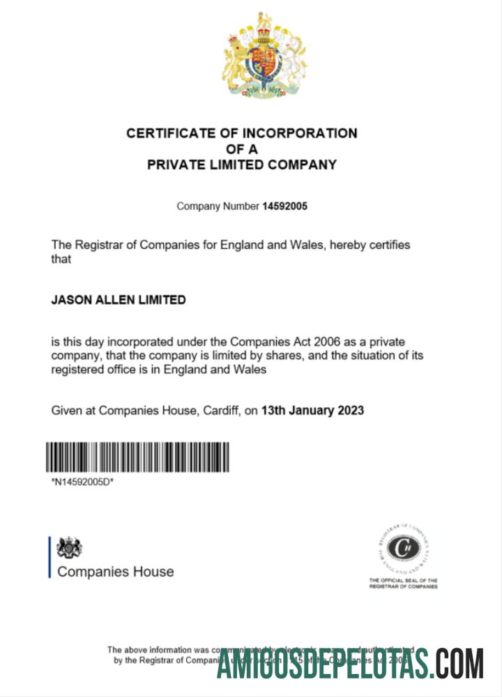 Modelo de registro de certificado de incorporação da Inglaterra e País de Gales